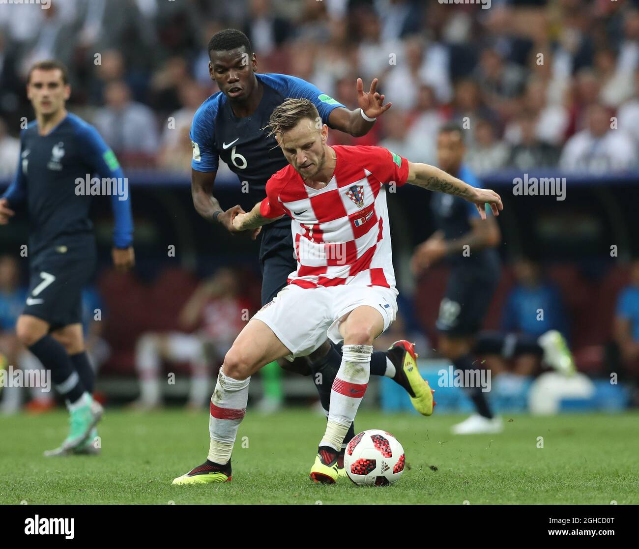Paul Pogba of France tackles Ivan Rakitic of Croatia during the FIFA World Cup 2018 Final at the Luzhniki Stadium, Moscow. Picture date 15th July 2018. Picture credit should read: David Klein/Sportimage via PA Images Stock Photo