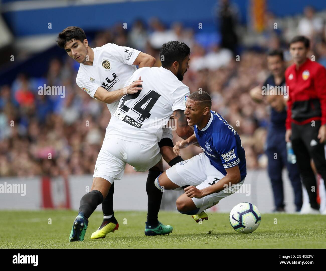 Everton's Richarlison tussles with Valencia's Ezequiel Garay during the pre-season friendly match at the Goodison Park Stadium, Liverpool. Picture date 4th August 2018. Picture credit should read: David Klein/Sportimage via PA Images Stock Photo
