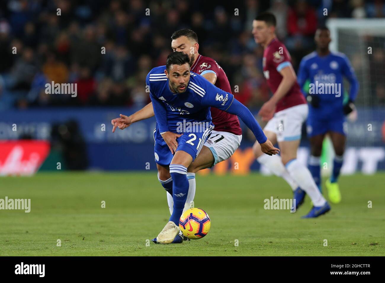 Vicente Iborra of Leicester City takes the ball away from Robert Snodgrass of West Ham United during the Premier League match at the King Power Stadium, Leicester. Picture date: 27th October 2018. Picture credit should read: James Wilson/Sportimage via PA Images Stock Photo