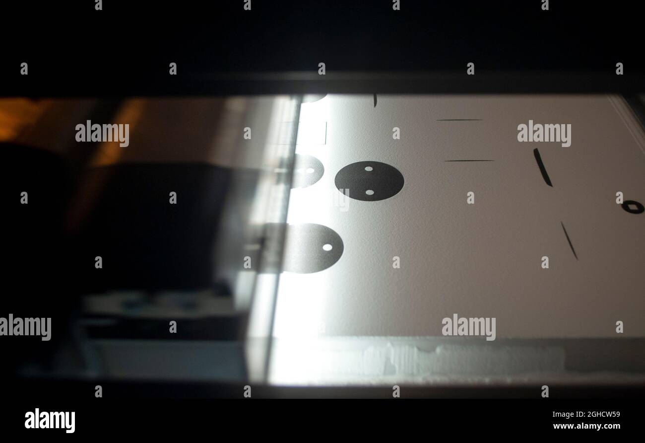 Powder 3D printer printing models from white powder polyamide Stock