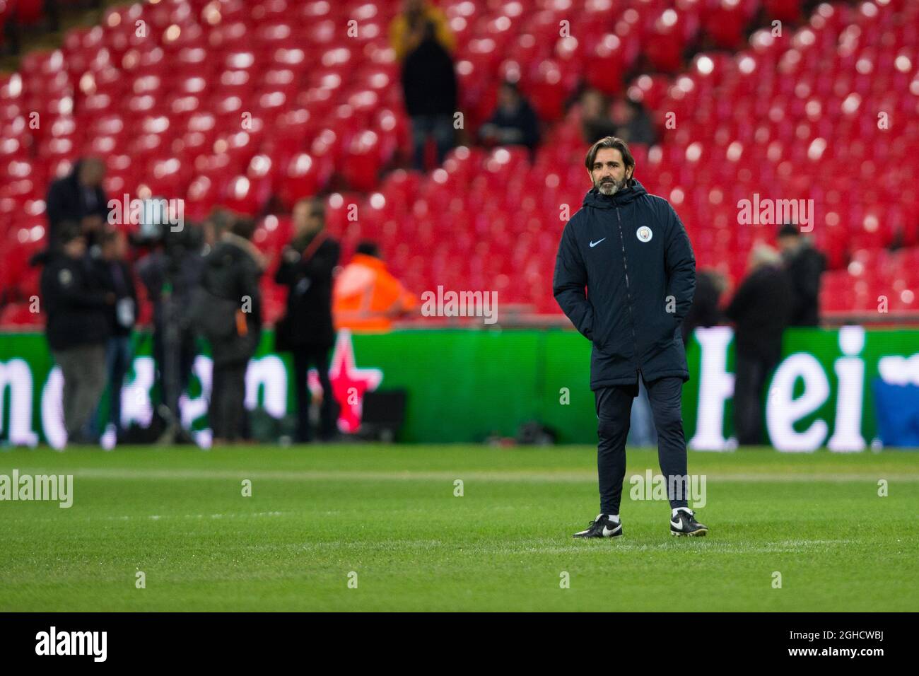 Lorenzo Buenaventura, fitness coach at Manchester City, inspects the pitch ahead of the Premier League match at Wembley Stadium, London. Picture date: 29th October 2018. Picture credit should read: Craig Mercer/Sportimage via PA Images Stock Photo