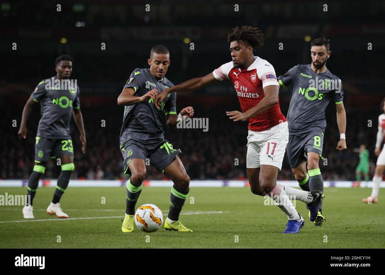 Alex Iwobi of Arsenal tackled by Bruno Gaspar of Sporting Lisbon during the Europa League, Group E match at the Emirates Stadium, London. Picture date: 8th November 2018. Picture credit should read: David Klein/Sportimage  via PA Images Stock Photo
