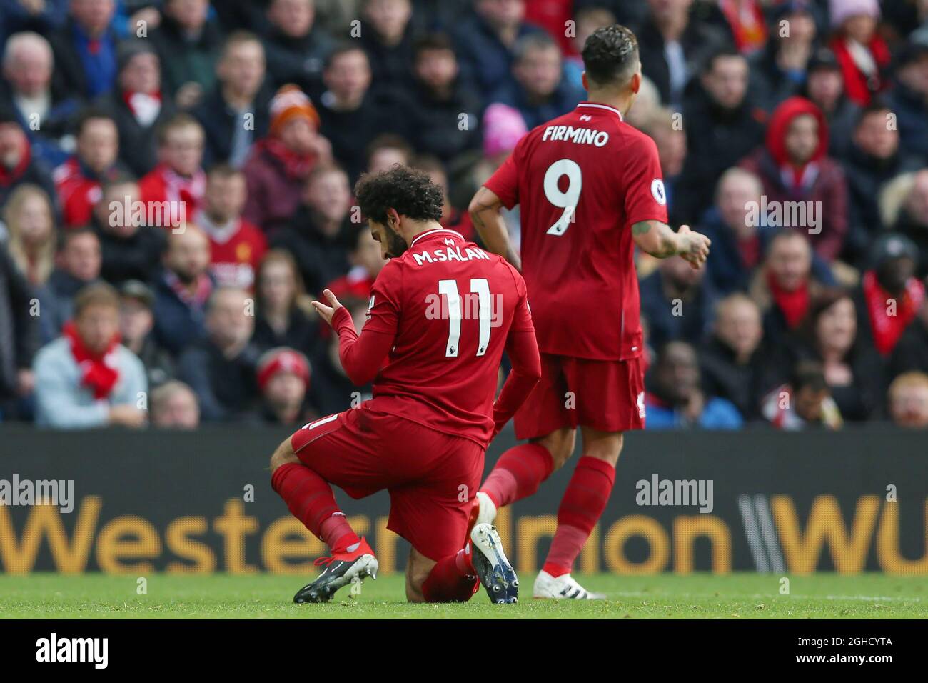 Mohamed Salah of Liverpool checks his hand for blood after a collission during the Premier League match at Anfield, Liverpool. Picture date: 11th November 2018. Picture credit should read: James Wilson/Sportimage  via PA Images Stock Photo