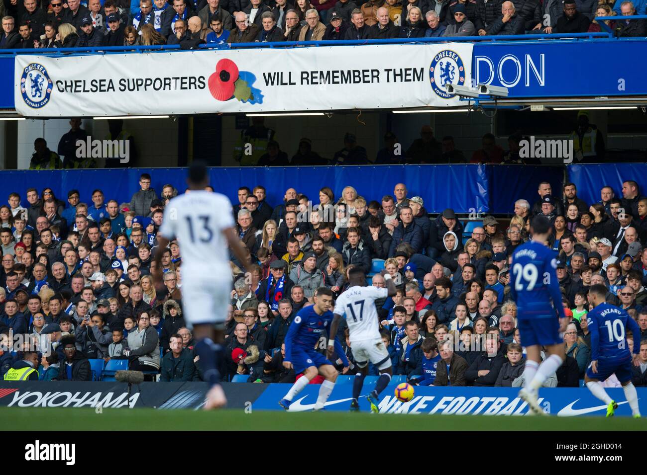 A Remembrance Day banner saying 'Chelsea supporters will remember them' on display during the Premier League match at Stamford Bridge, London. Picture date: 11th November 2018. Picture credit should read: Craig Mercer/Sportimage via PA Images Stock Photo