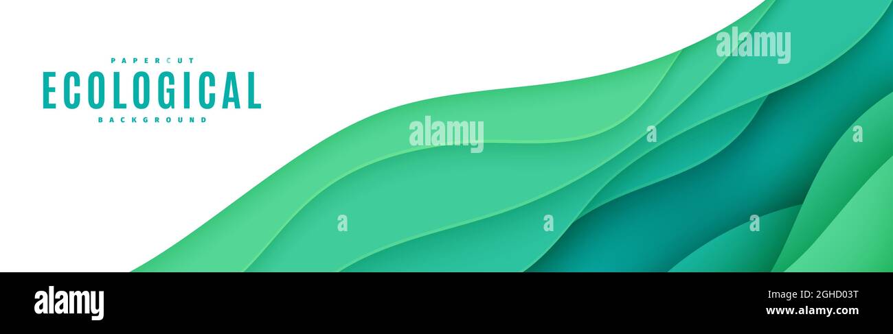 Abstract green horizontal banner in cut paper style. Cutout grass wave ...