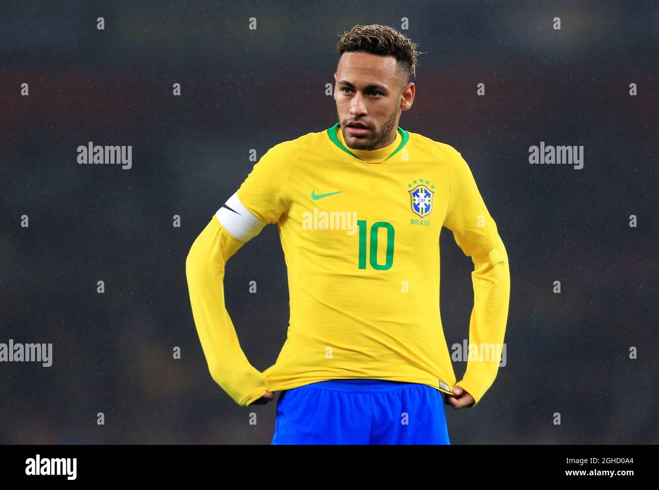 Neymar of Brazil adjusts his shirt during the International Friendly match at the Emirates Stadium, London. Picture date: 16th November 2018. Picture credit should read: Matt McNulty /Sportimage via PA Images Stock Photo