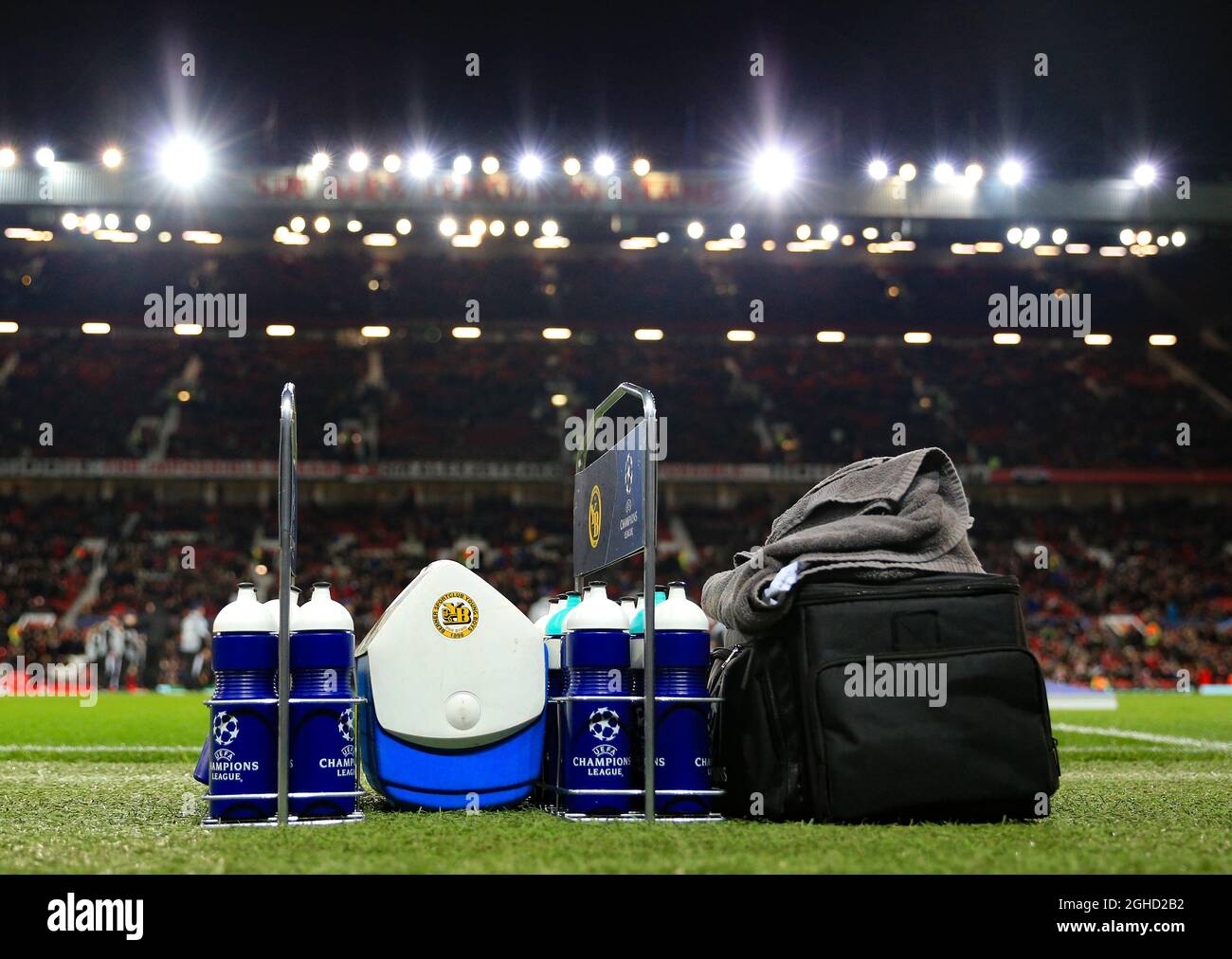 UEFA Champions League water bottles pitch side during the UEFA Champions League Group H  match at Old Trafford Stadium, Manchester. Picture date: 27th November 2018. Picture credit should read: Matt McNulty/Sportimage  via PA Images Stock Photo