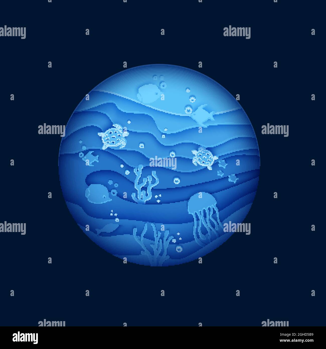 View of the underwater world through the porthole of a submarine in paper cut style. Vector butterfly fish jellyfish moonfish turtle. Paper craft Stock Vector