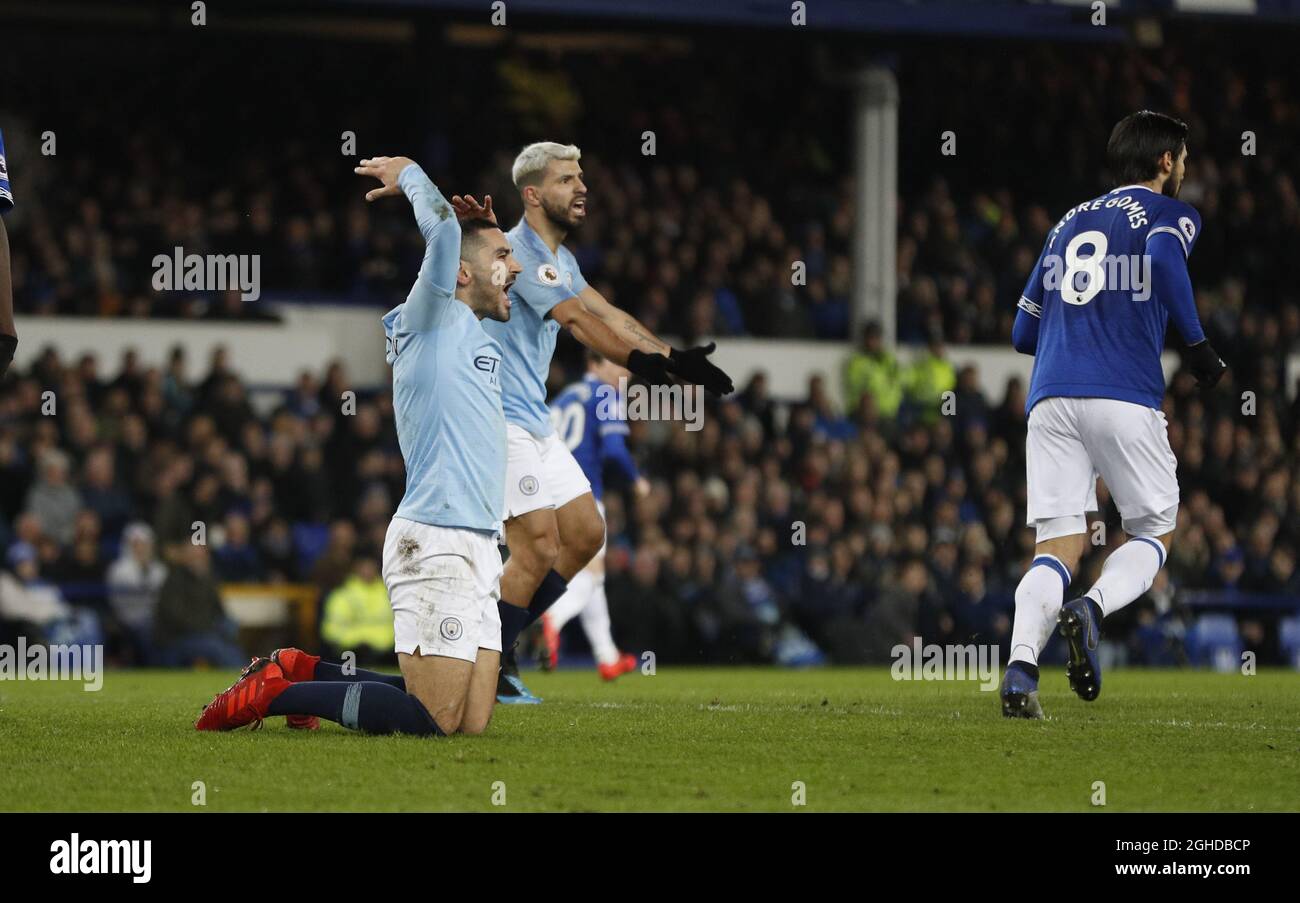 Ilkay Gundogan of Manchester City reacts furiously to being brought down  during the Premier League match at the Goodison Park Stadium, Liverpool. Picture date: 6th February 2019. Picture credit should read: Darren Staples/Sportimage via PA Images Stock Photo