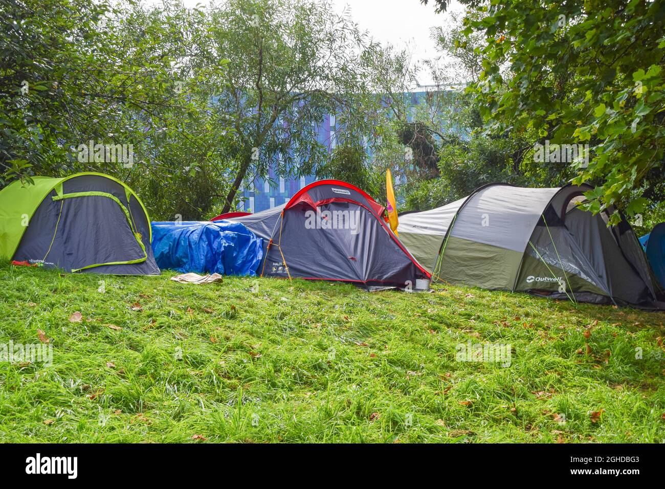 London, UK. 06th Sep, 2021. Tents are seen during the DSEI protest outside  ExCeL London.Protesters have set up a camping site outside the ExCeL Centre  in East London, with plans to disrupt