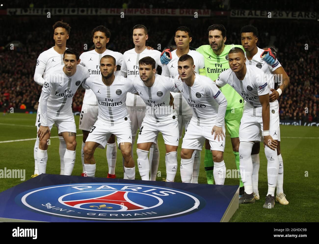 Paris Saint Germain team group during the UEFA Champions League Round of 16 First Leg match at the Old Trafford Stadium Manchester. Picture date 12th February 2019. Picture credit should read Andrew