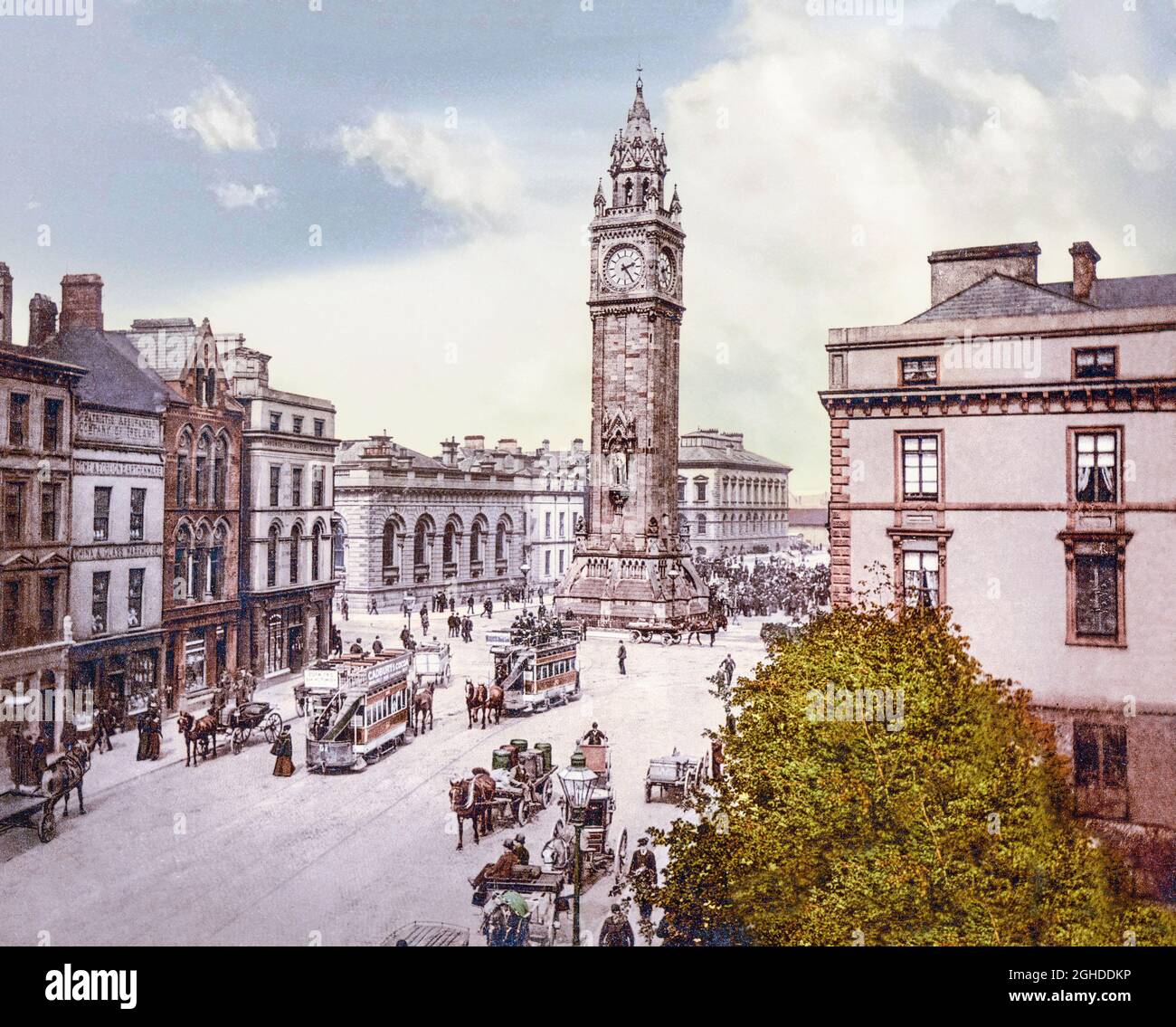 An early 20th century  view of High Street and the Albert Memorial Clock (more commonly referred to as the Albert Clock) situated at Queen's Square in Belfast, Northern Ireland. It was completed in 1869 and is one of the best known landmarks of Belfast. Stock Photo
