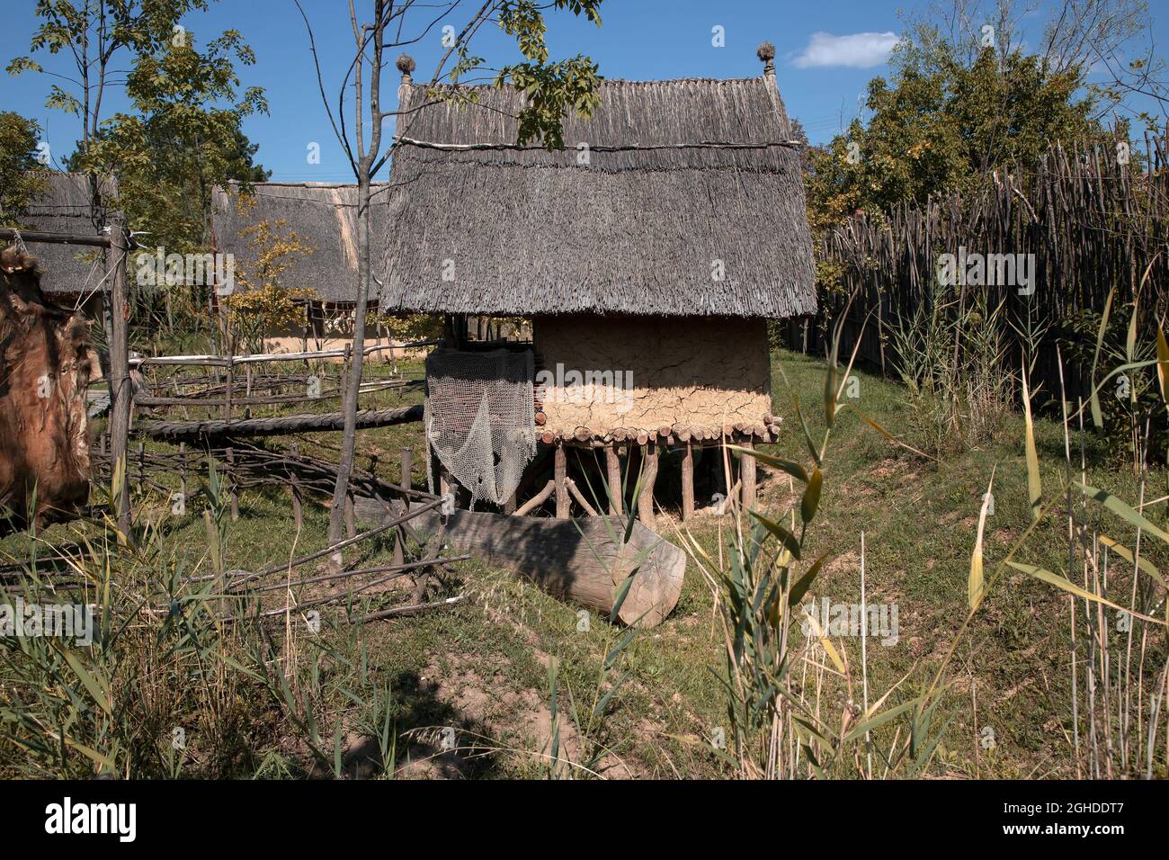 Radmilovac, Serbia - Reconstruction of a fishing hut from the late Neolithic Vinca culture Stock Photo
