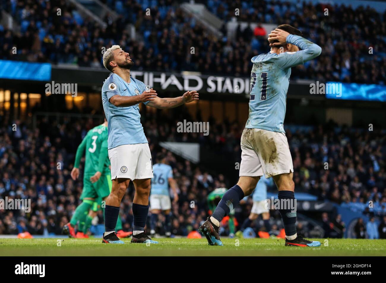Sergio Aguero (L) of Manchester City and David Silva of Manchester City react to a missed chance during the Premier League match at the Etihad Stadium, Manchester. Picture date: 9th March 2019. Picture credit should read: James Wilson/Sportimage via PA Images Stock Photo
