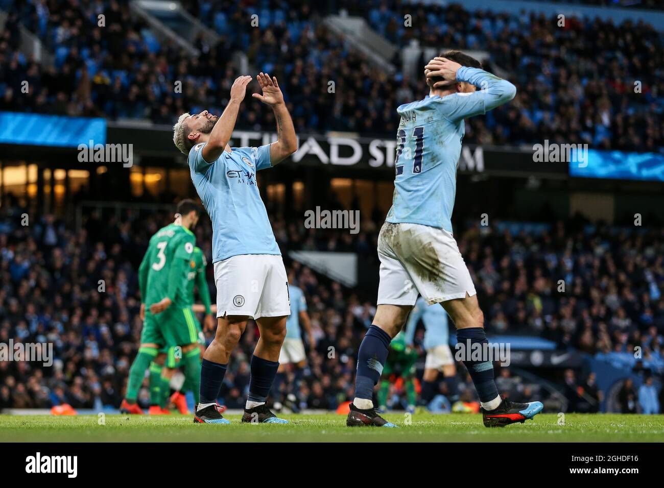 Sergio Aguero (L) of Manchester City and David Silva of Manchester City react to a missed chance during the Premier League match at the Etihad Stadium, Manchester. Picture date: 9th March 2019. Picture credit should read: James Wilson/Sportimage via PA Images Stock Photo