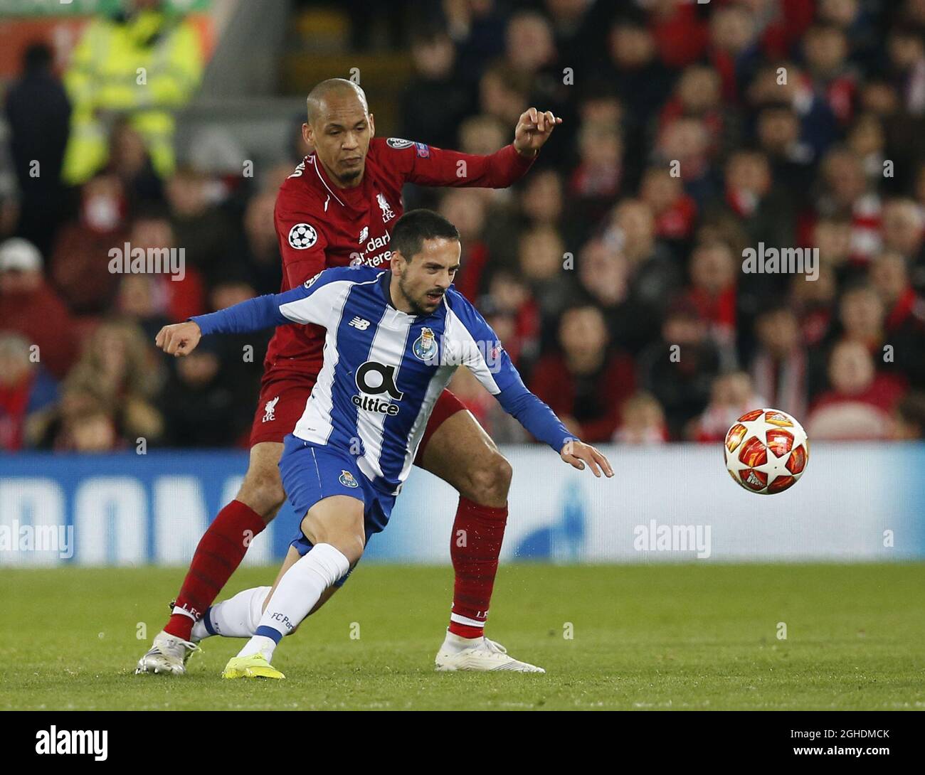 Fabinho of Liverpool tackles Bruno Costa of FC Porto during the UEFA Champions League match at Anfield, Liverpool. Picture date: 9th April 2019. Picture credit should read: Andrew Yates/Sportimage via PA Images Stock Photo