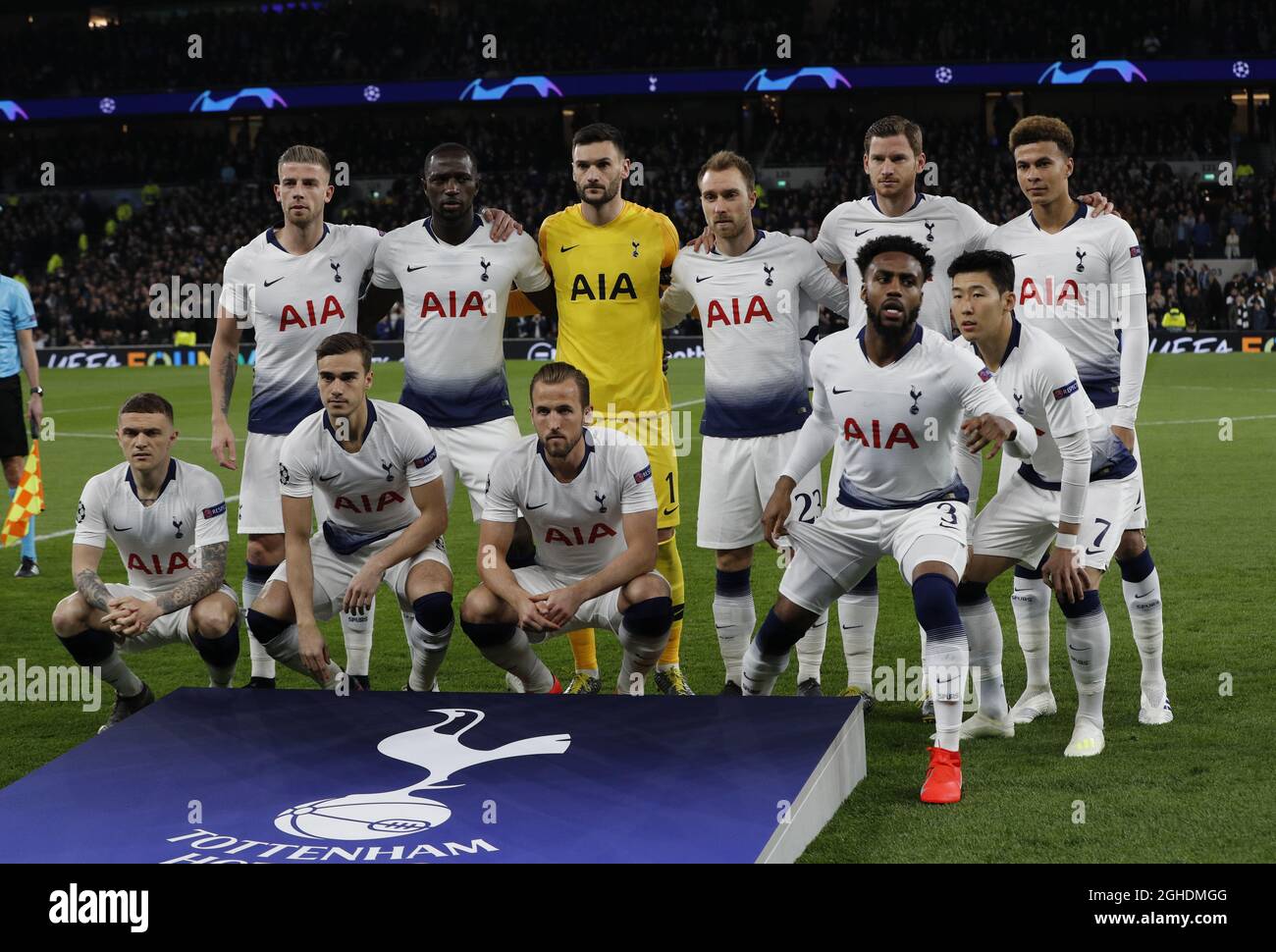 Danny Rose of Tottenham does a sharp retreat after lining up for a team pictures during the UEFA Champions League match at the Tottenham Hotspur Stadium, London. Picture date: 9th April 2019. Picture credit should read: Darren Staples/Sportimage via PA Images Stock Photo