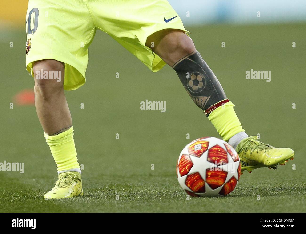 Tattoo On The Leg Of Lionel Messi Of Barcelona During The Uefa Champions League Match At Old Trafford Manchester Picture Date 10th April 19 Picture Credit Should Read Darren Staples Sportimage Via Pa
