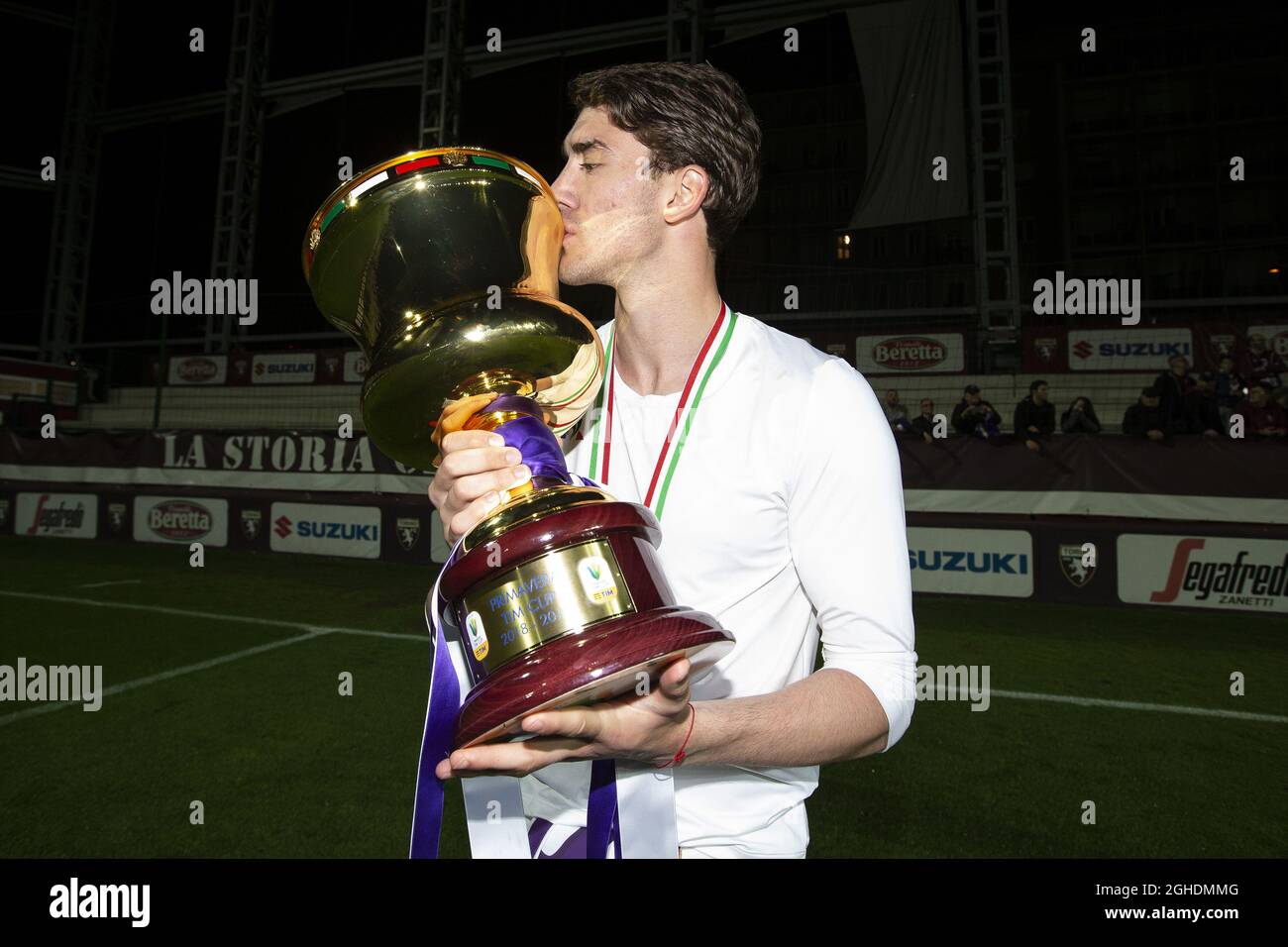 Dusan Vlahovic celebrates with the trophy after the final whistle during  the Primavera Coppa Italia match at Stadio Filadelfia, Turin. Picture date:  12th April 2019. Picture credit should read: Jonathan Moscrop/Sportimage via