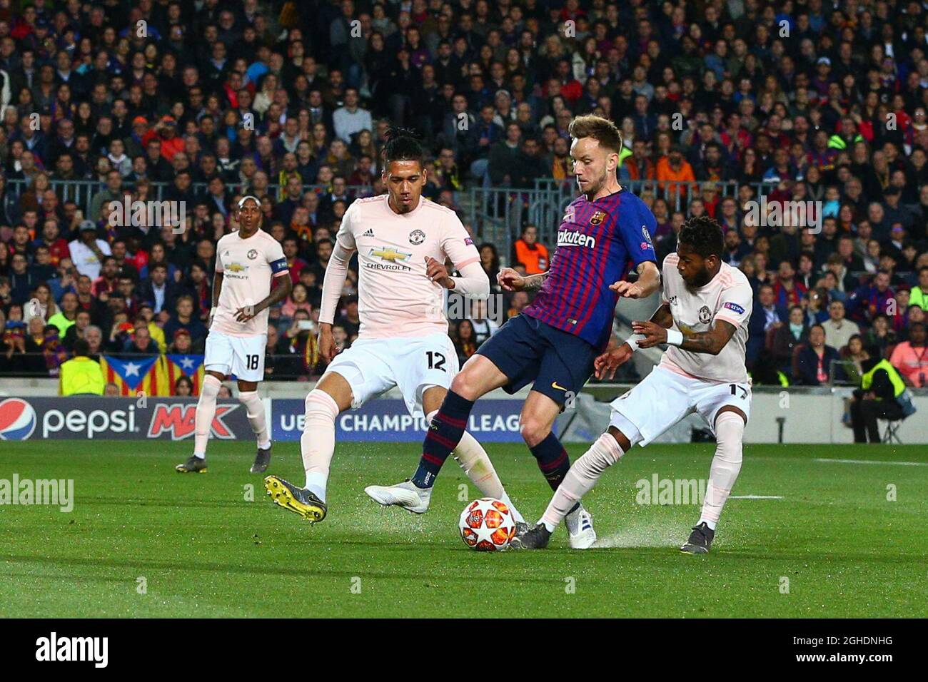 Ivan Rakitic of FC Barcelona goes down under the challenge of Fred of Manchester United which is reviewed to VAR for a penalty review during the UEFA Champions League match at Camp Nou, Barcelona. Picture date: 16th April 2019. Picture credit should read: Craig Mercer/Sportimage via PA Images Stock Photo