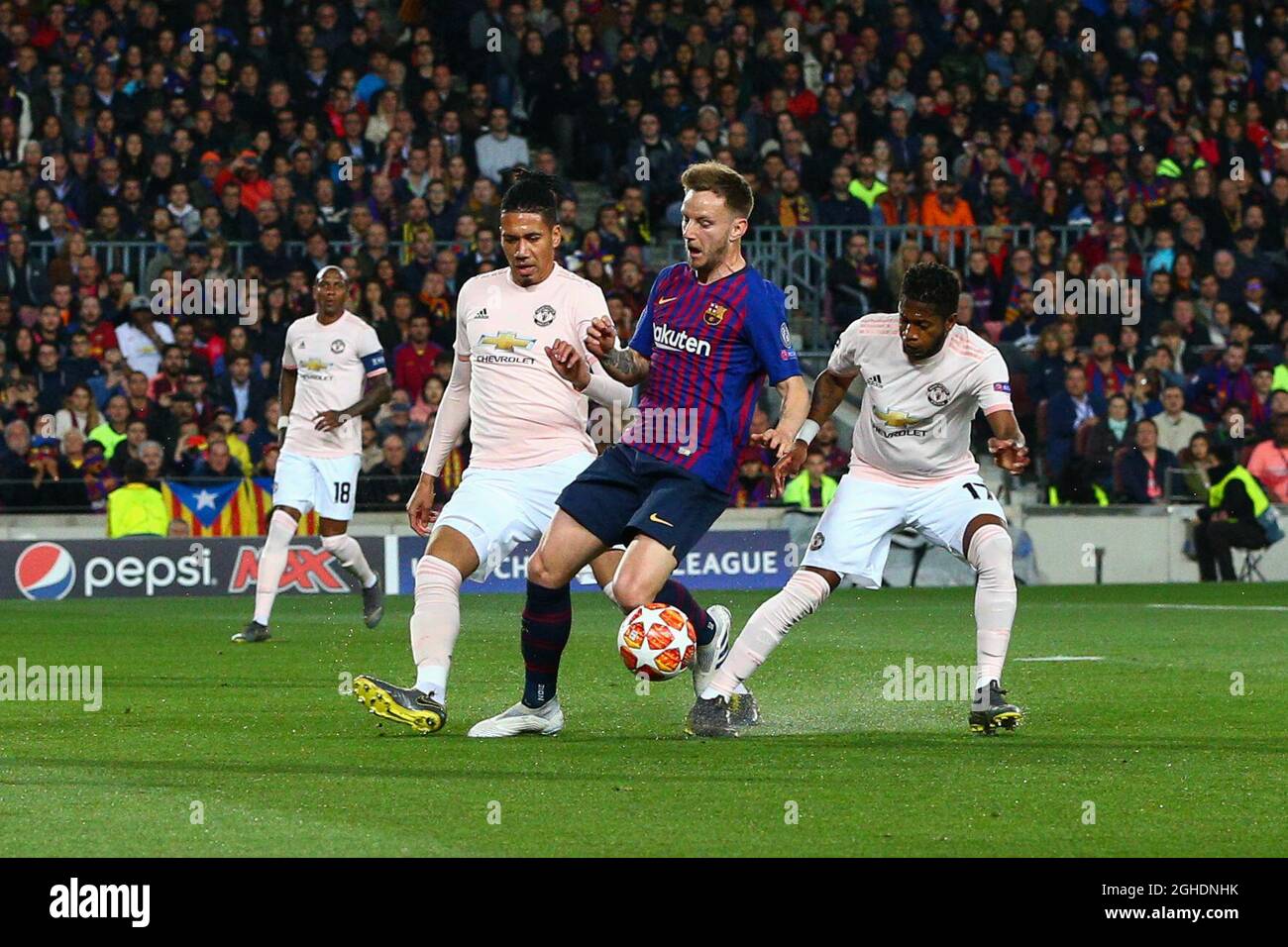 Ivan Rakitic of FC Barcelona goes down under the challenge of Fred of Manchester United which is reviewed to VAR for a penalty review during the UEFA Champions League match at Camp Nou, Barcelona. Picture date: 16th April 2019. Picture credit should read: Craig Mercer/Sportimage via PA Images Stock Photo