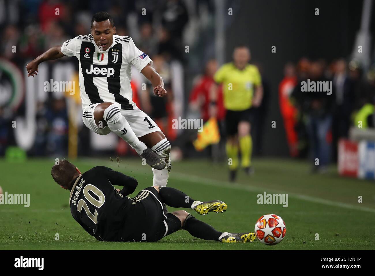Lasse Schone of Ajax and Alex Sandro of Juventus during the UEFA Champions League match at Allianz Stadium, Turin. Picture date: 16th April 2019. Picture credit should read: Jonathan Moscrop/Sportimage via PA Images Stock Photo
