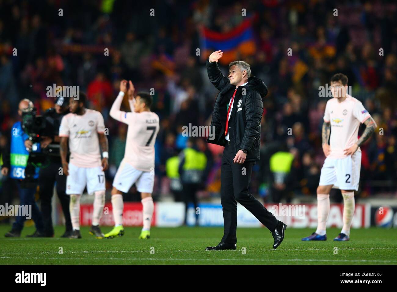 Manchester United manager Ole Gunnar Solskjaer acknowledges the fans after  the UEFA Champions League match at Camp Nou, Barcelona. Picture date: 16th  April 2019. Picture credit should read: Craig Mercer/Sportimage via PA