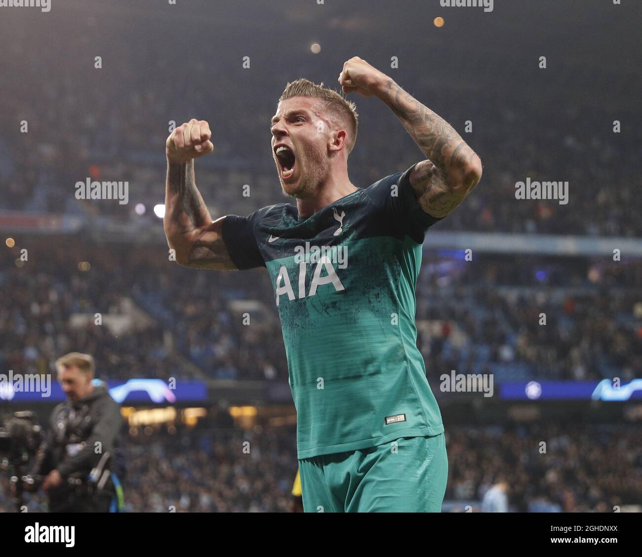 Toby Alderweireld of Tottenham celebrates the win during the UEFA Champions League match at the Etihad Stadium, Manchester. Picture date: 17th April 2019. Picture credit should read: Darren Staples/Sportimage via PA Images Stock Photo