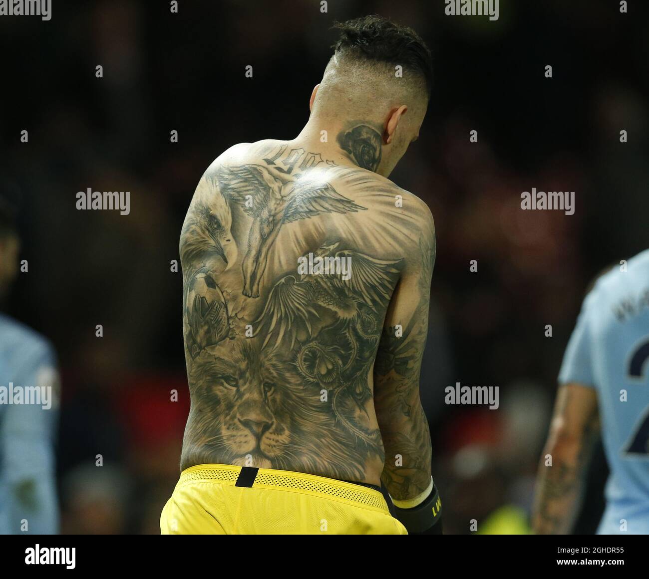 Ederson of Manchester City tattoo of an smiling emoji on neck - Southampton  v Manchester City, Premier