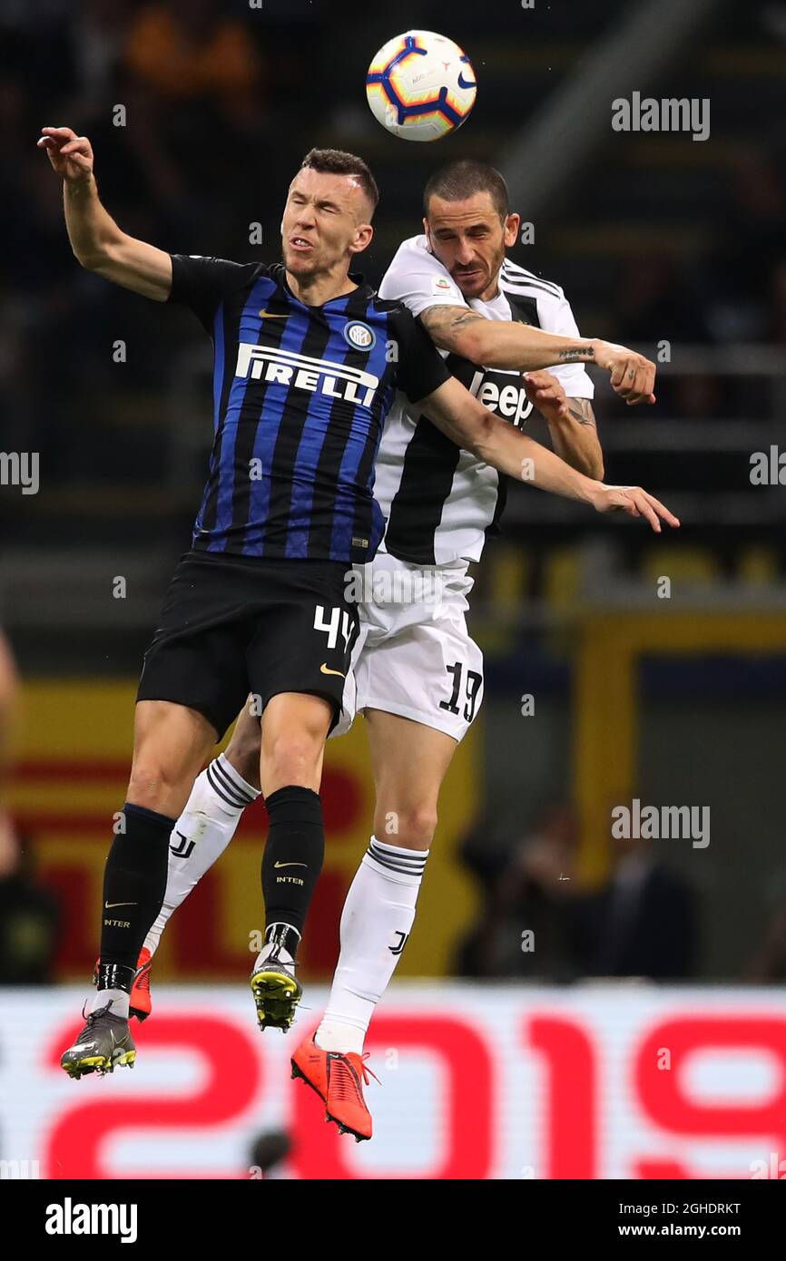 Ivan Perisic of Inter jumps above Joao Cancelo of Juventus to head the ball during the Serie A match at Giuseppe Meazza, Milan. Picture date: 27th April 2019. Picture credit should read: Jonathan Moscrop/Sportimage via PA Images Stock Photo