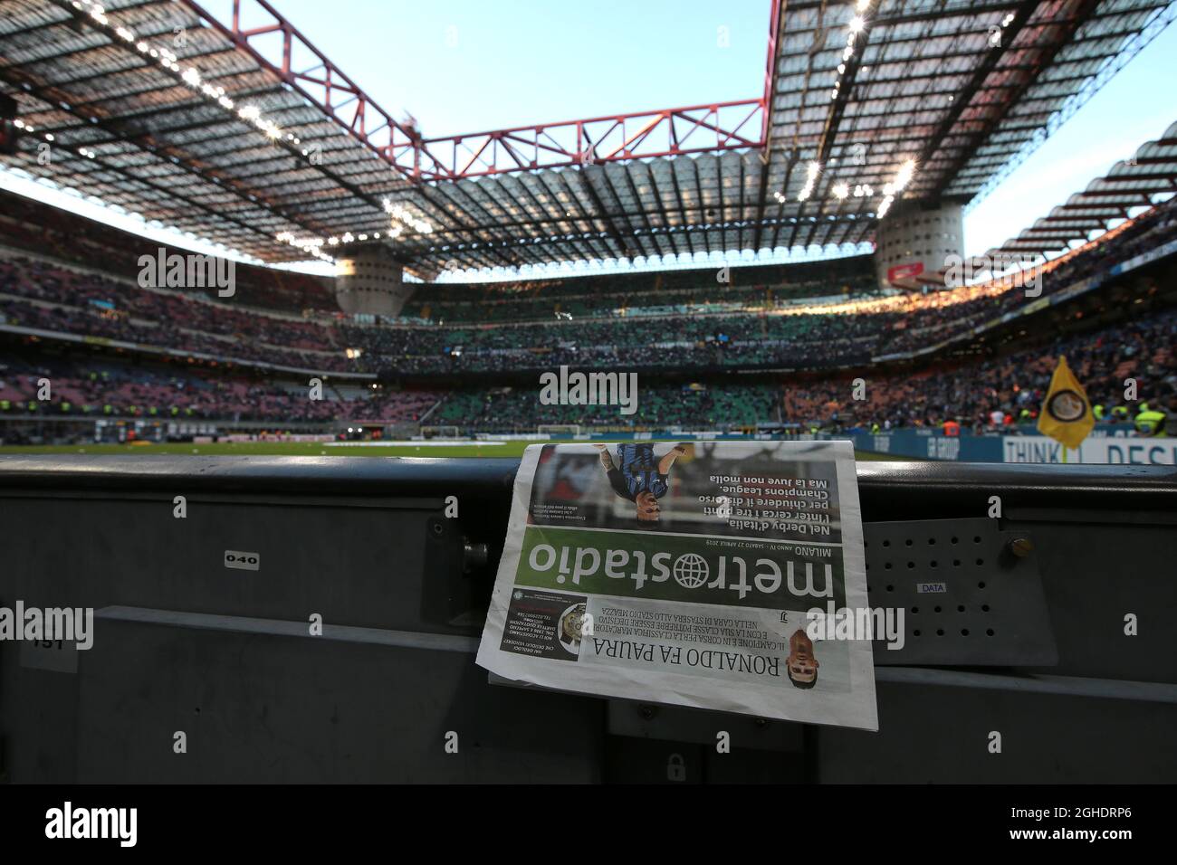 A free newspaper given out at the stadium is pictured before the Serie A  match at Giuseppe Meazza, Milan. Picture date: 27th April 2019. Picture  credit should read: Jonathan Moscrop/Sportimage via PA