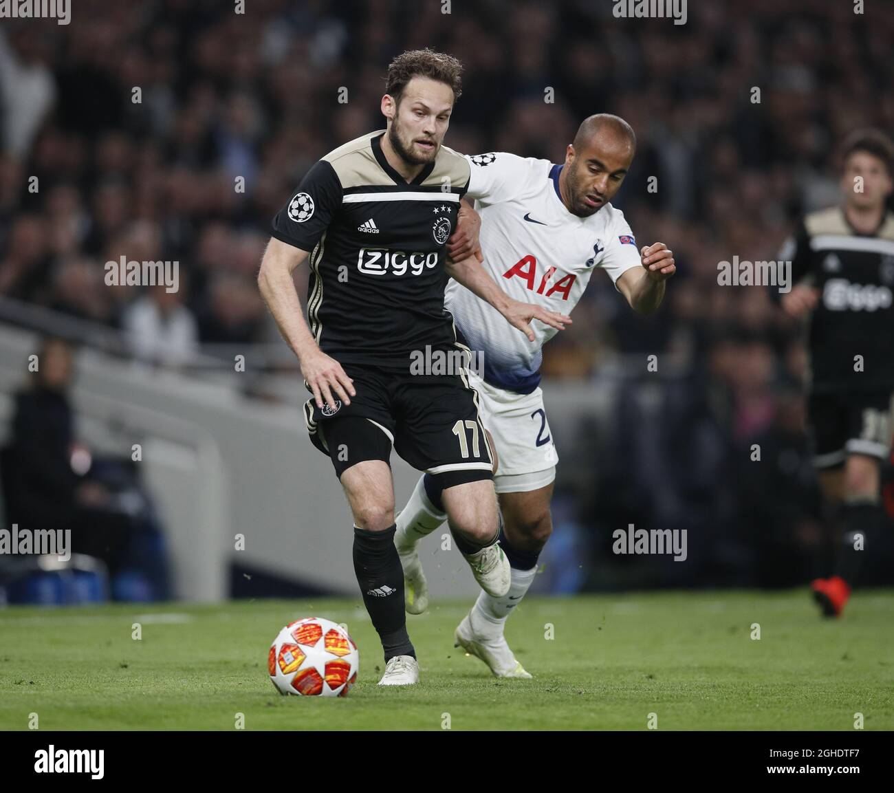 Daley Blind of Ajax tackeld by Lucas Moura of Tottenham during the UEFA  Champions League match at the Tottenham Hotspur Stadium, London. Picture  date: 30th April 2019. Picture credit should read: David