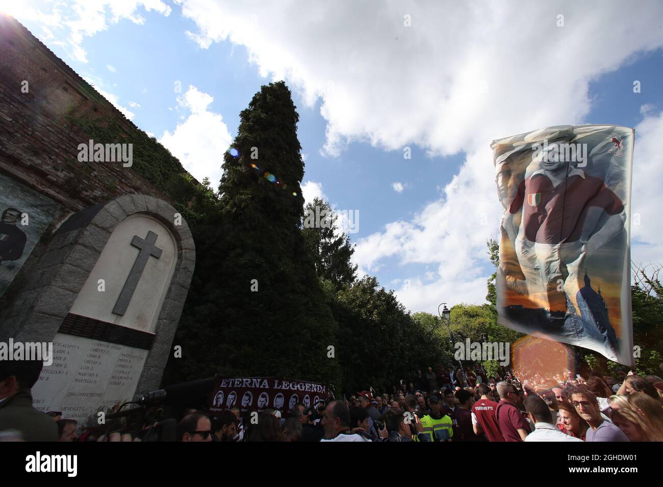 A giant flag depicting the Cathedral of Superga and Grande Torino captain Valentino Mazzola during the memorial service for the victims of the Superga Air disaster at the Superga Cathedral, Turin. Picture date: 4th May 2019. Picture credit should read: Jonathan Moscrop/Sportimage via PA Images Stock Photo