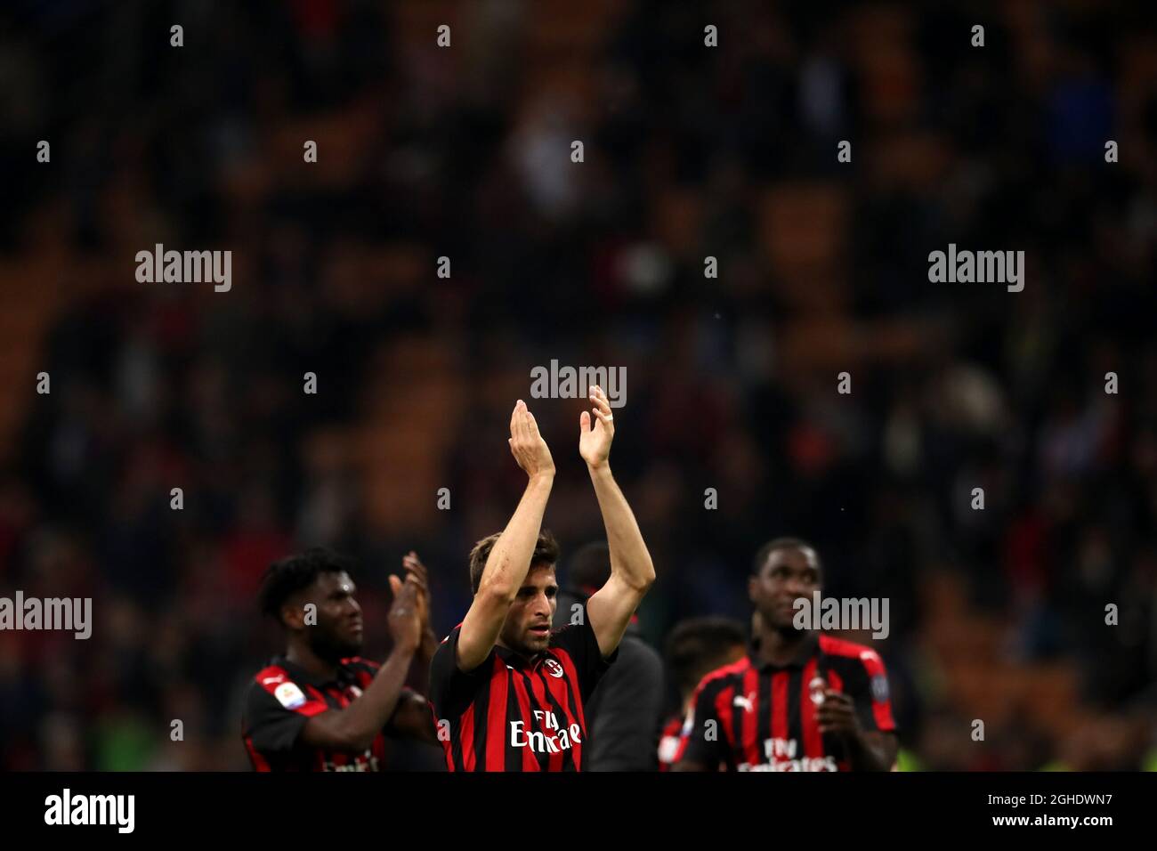 Fabio Borini, Franck Kessie and Cristian Zapata of AC Milan applaud fans after the final whistle of the Serie A match at Giuseppe Meazza, Milan. Picture date: 6th May 2019. Picture credit should read: Jonathan Moscrop/Sportimage via PA Images Stock Photo