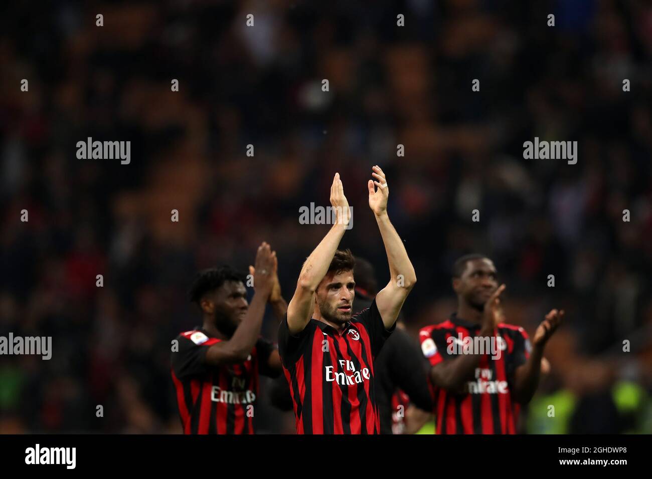 Fabio Borini, Franck Kessie and Cristian Zapata of AC Milan applaud fans after the final whistle of the Serie A match at Giuseppe Meazza, Milan. Picture date: 6th May 2019. Picture credit should read: Jonathan Moscrop/Sportimage via PA Images Stock Photo