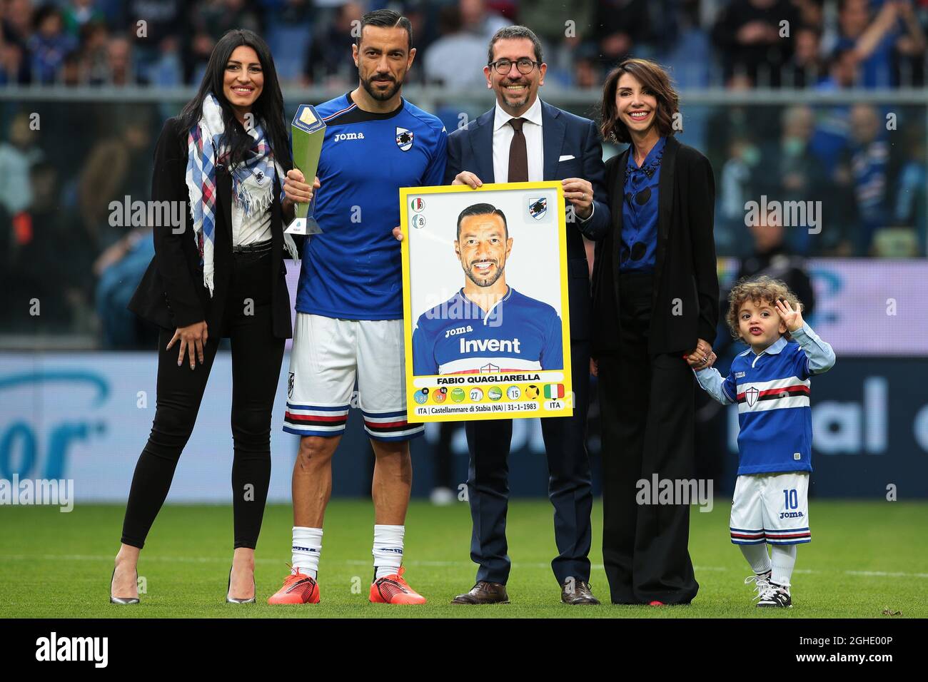 Fabio Quagliarella of Sampdoria pictured receiving the Serie A striker of  the year award before kick off of the Serie A match at Luigi Ferraris,  Genoa. Picture date: 26th May 2019. Picture