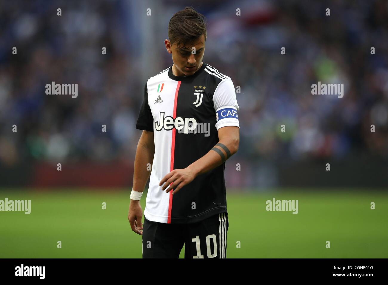 Paulo Dybala of Juventus looks at his captain's armband during the Serie A  match at Luigi Ferraris, Genoa. Picture date: 26th May 2019. Picture credit  should read: Jonathan Moscrop/Sportimage via PA Images