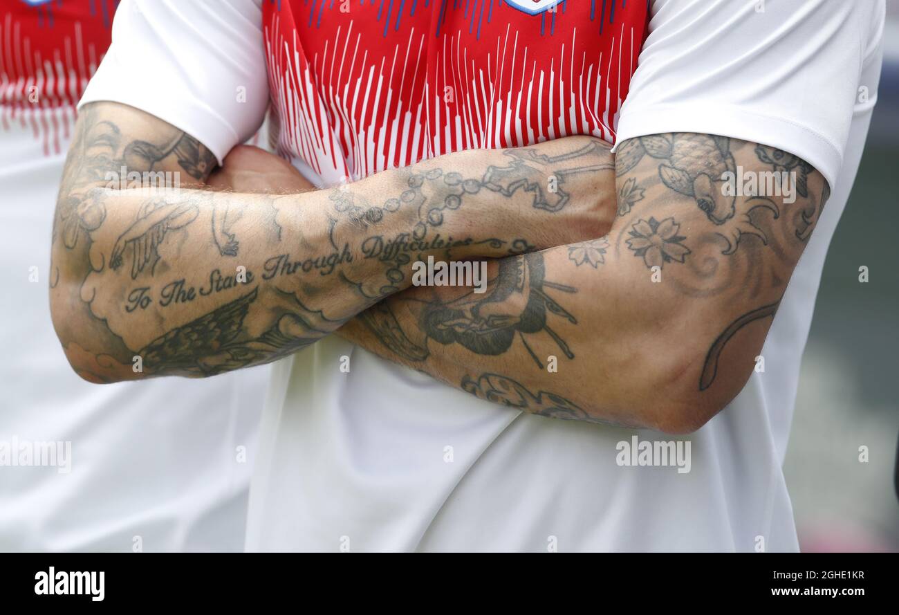 Close up of tattooÕs on the arms of Kyle Walker of England during the UEFA  Nations League match at D. Afonso Henriques Stadium, Guimaraes. Picture  date: 9th June 2019. Picture credit should