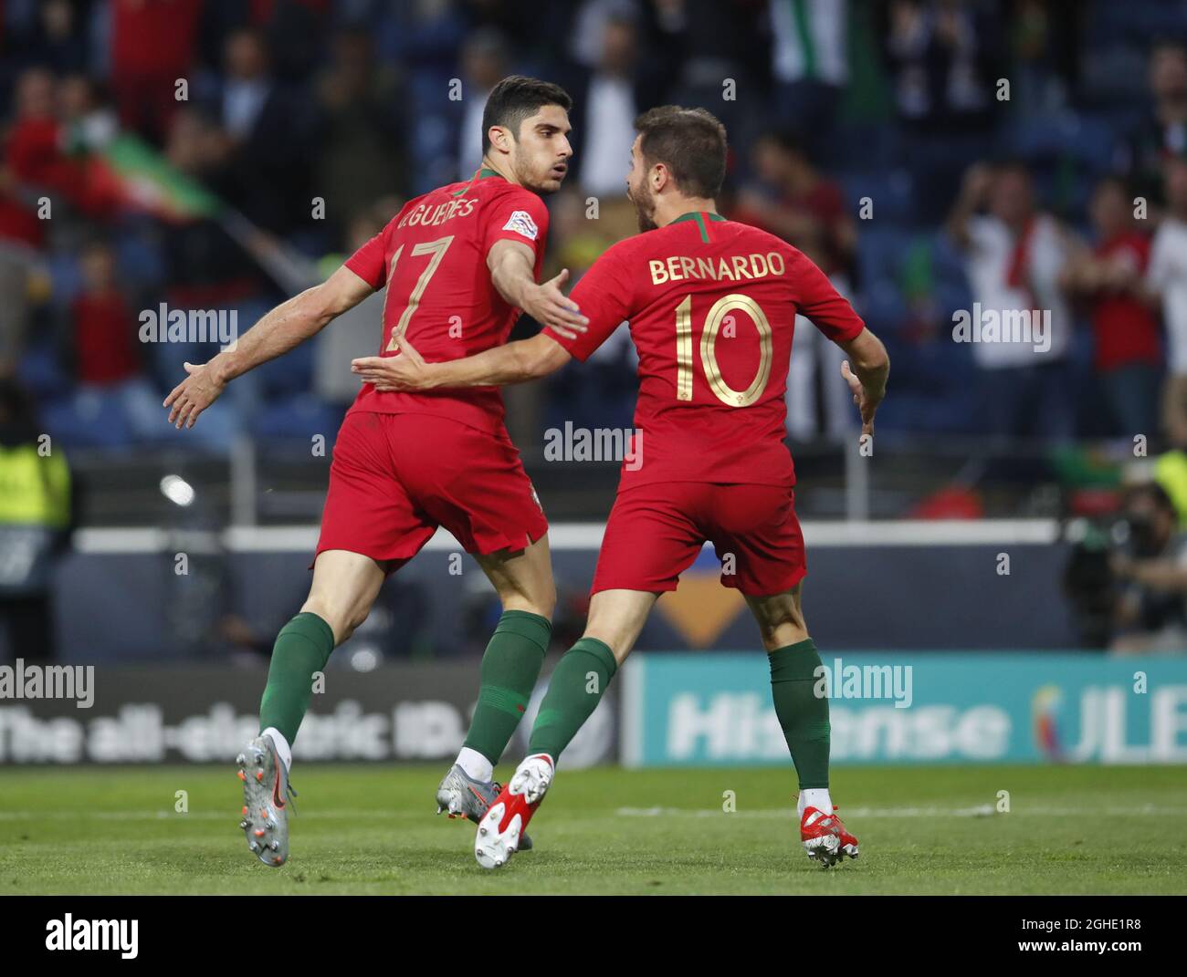 Goncalo Guedes of Portugal (L) turns to celebrate scoring the first goal with Bernardo Silva of Portugal during the UEFA Nations League match at the Estadio do Dragao, Porto. Picture date: 9th June 2019. Picture credit should read: David Klein/Sportimage via PA Images Stock Photo