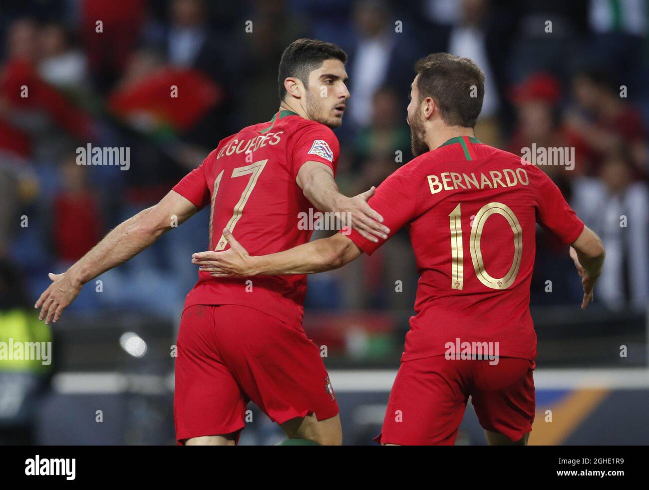 Goncalo Guedes of Portugal (L) turns to celebrate scoring the first goal with Bernardo Silva of Portugal during the UEFA Nations League match at the Estadio do Dragao, Porto. Picture date: 9th June 2019. Picture credit should read: David Klein/Sportimage via PA Images Stock Photo