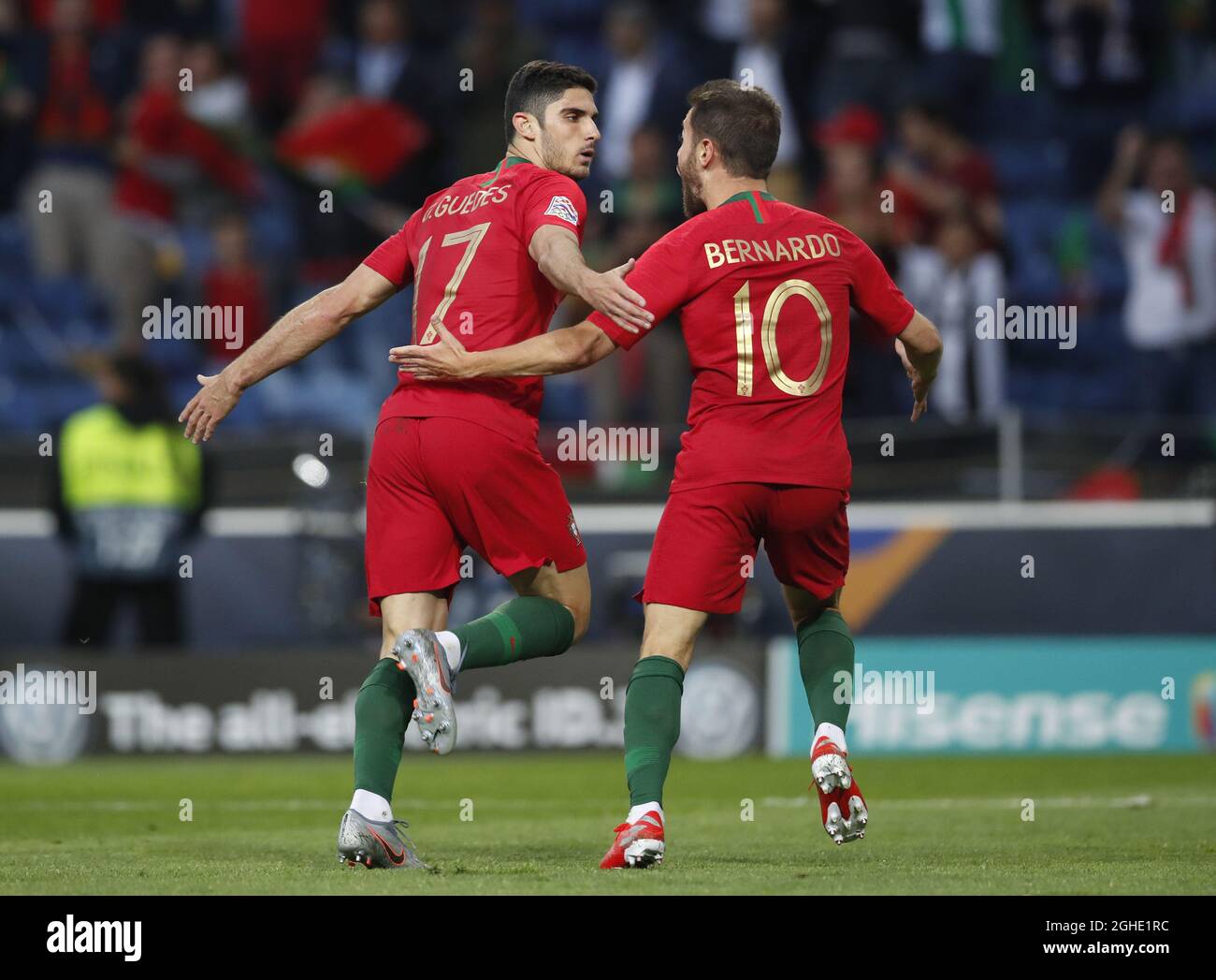 Goncalo Guedes of Portugal (L) turns to celebrate scoring the first goal with Bernardo Silva of Portugal during the UEFA Nations League match at the Estadio do Dragao, Porto. Picture date: 9th June 2019. Picture credit should read: David Klein/Sportimage via PA Images Stock Photo