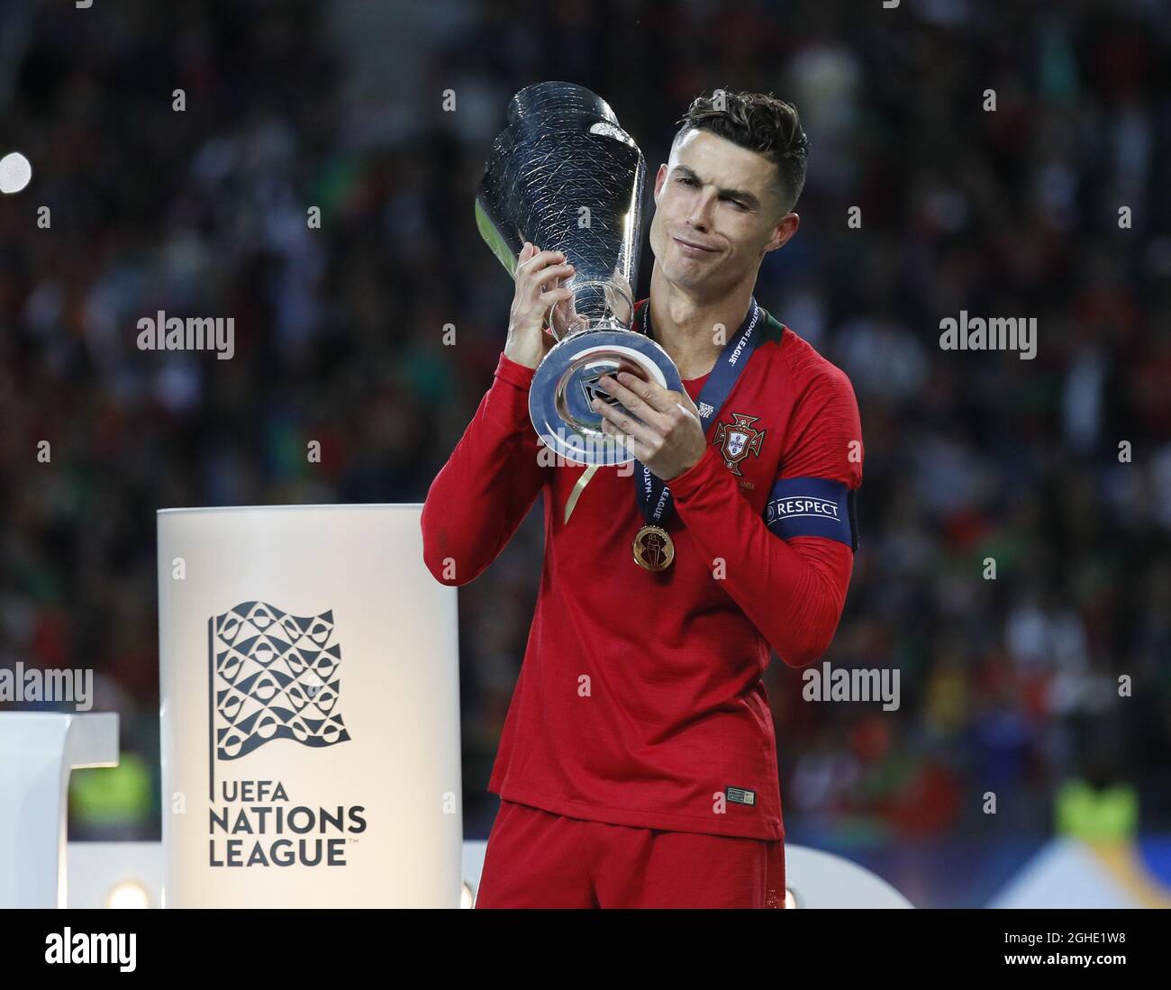 Cristiano Ronaldo of Portugal celebrates with the trophy during the