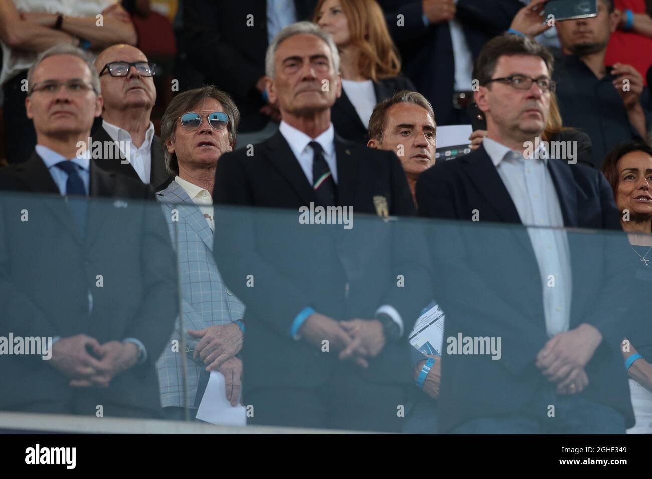 Grabriele Oriali and Roberto Mancini pictured behind UEFA Deputy General Secretary Giorgio Marchetti and FIGC Chairman Gabriele Gravina and Giancarlo GIorgetti ( Undersecretary of State at the Presidency of the Council of Ministers ) during the UEFA Under-21 Championship 2019 match at Renato Dall'Ara, Bologna. Picture date: 16th June 2019. Picture credit should read: Jonathan Moscrop/Sportimage via PA Images Stock Photo