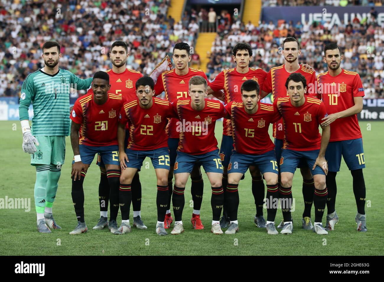 The Spain starting eleven line up for a team photo, back row ( L to R ); Antonio Sivera, Unai Nunez, Marco Roca, Jesus Vallejo, Fabian Ruiz and Dani Ceballos, front row ( L to R ); Junior Firpo, Pablo Fornals, Dani Olmo, Martin Aguirregabriria Padilla and Mikel Oyarzabal, before the UEFA Under-21 Championship match at Stadio Friuli. Picture date: 30th June 2019. Picture credit should read: Jonathan Moscrop/Sportimage via PA Images Stock Photo