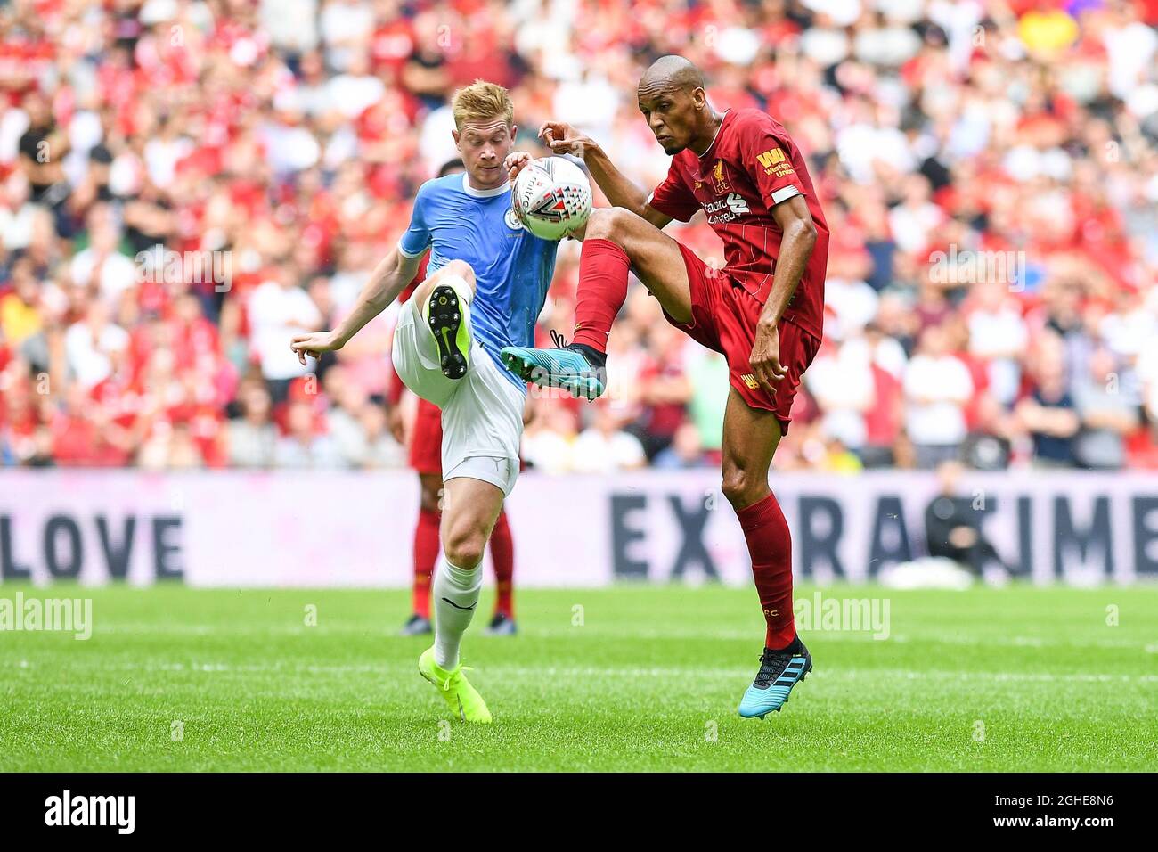 Kevin De Bruyne of Manchester City challenges Fabinho of Liverpool during  the The FA Community Shield match at Wembley Stadium, London. Picture date:  4th August 2019. Picture credit should read: Harry Marshall/Sportimage