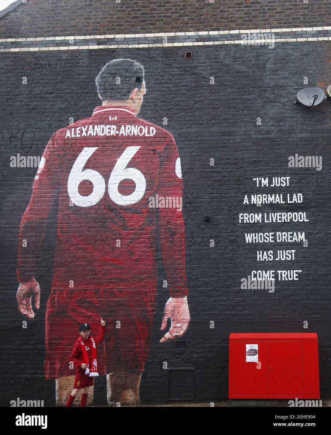 Mural of local boy and Liverpool player Trent Alexander-Arnold outside the  stadium during the Premier League match at Anfield, Liverpool. Picture  date: 9th August 2019. Picture credit should read: Andrew Yates/Sportimage  via