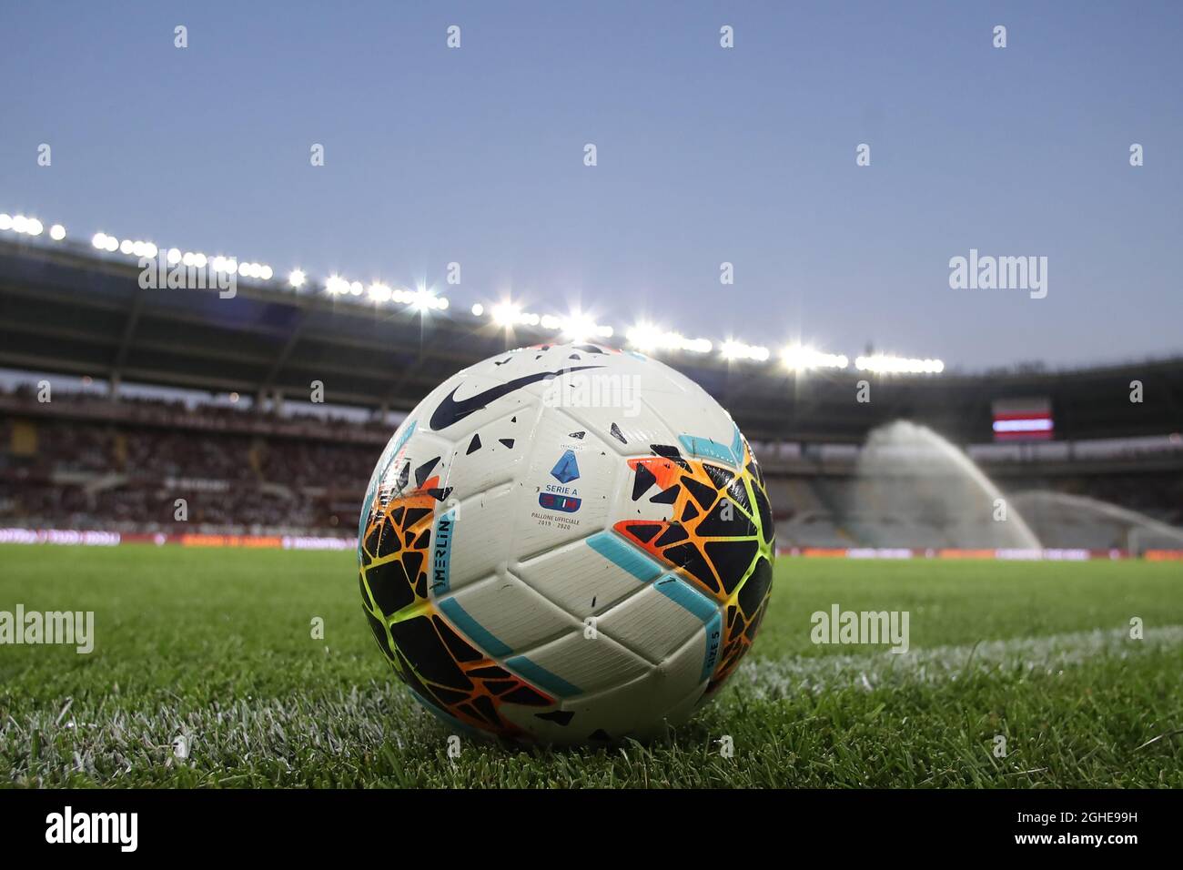 A Nike Merlin official Serie A matchball during the UEFA Europa League  match at Stadio Grande Torino, Turin. Picture date: 8th August 2019.  Picture credit should read: Jonathan Moscrop/Sportimage via PA Images