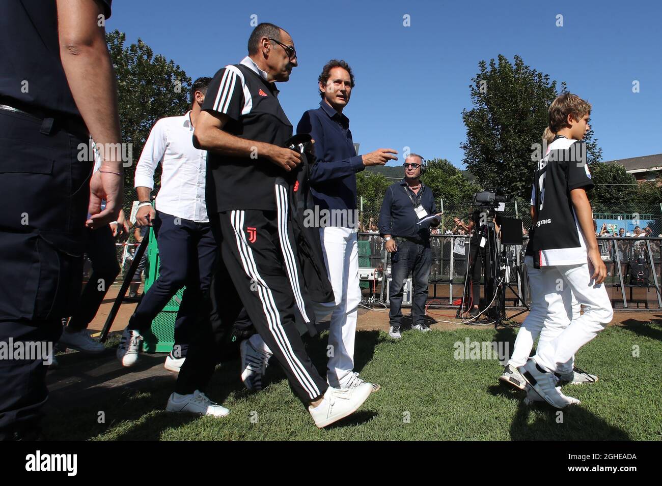 Maurizio Sarri manager of Juventus and John Elkan during for the Pre-season friendly at the Stadio Comunale Gaetano Scirea Villar Perosa. Picture date: 15th August 2019. Picture credit should read: Jonathan Moscrop/Sportimage via PA Images Stock Photo