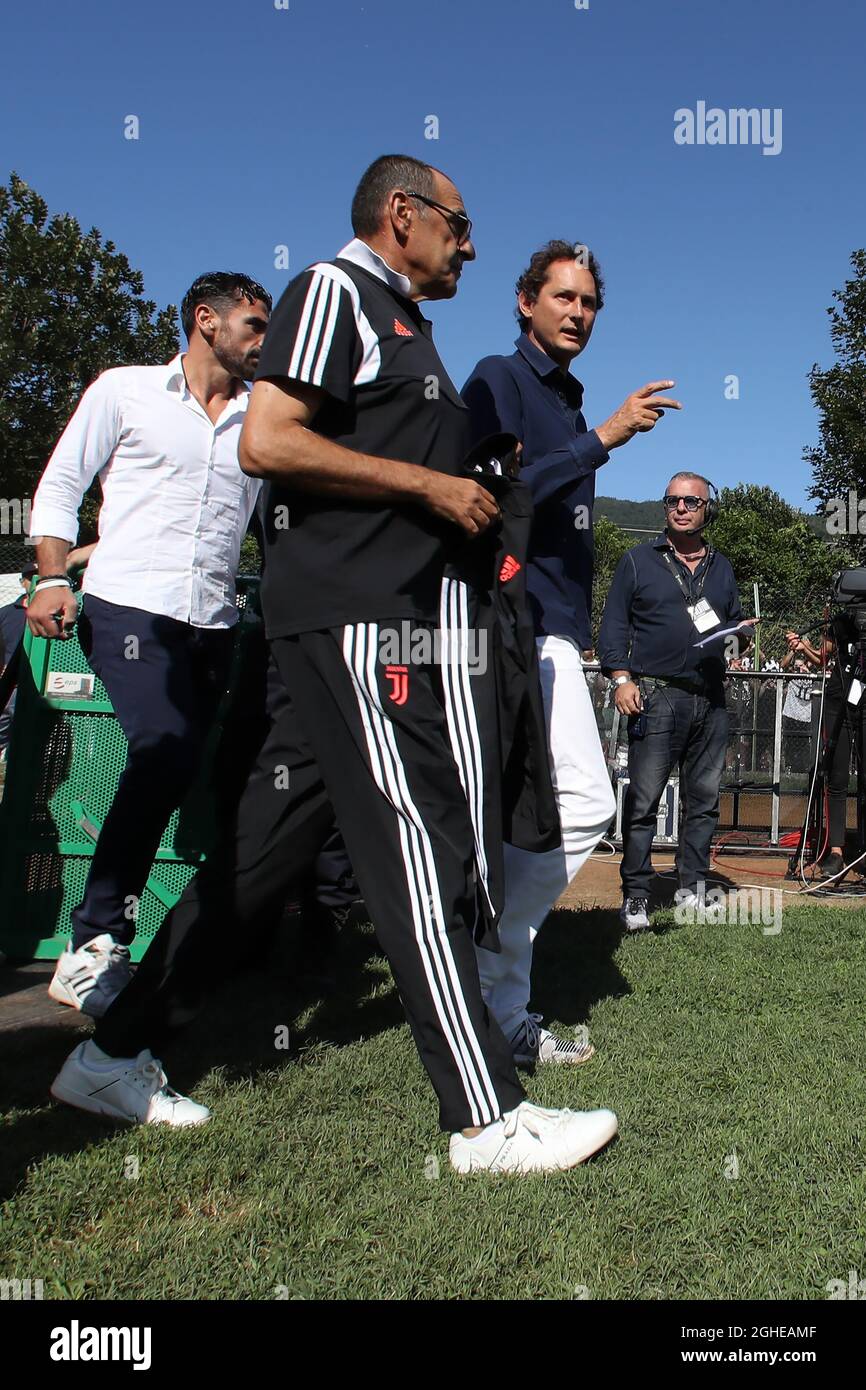 Maurizio Sarri manager of Juventus and John Elkan during the Pre-season friendly at the Stadio Comunale Gaetano Scirea Villar Perosa. Picture date: 15th August 2019. Picture credit should read: Jonathan Moscrop/Sportimage via PA Images Stock Photo