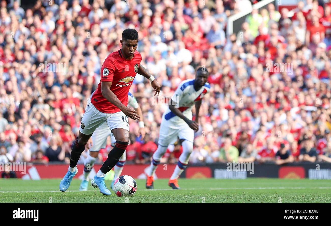 Marcus Rashford of Manchester United misses a penalty kick during the Premier League match at Old Trafford, Manchester. Picture date: 24th August 2019. Picture credit should read: James Wilson/Sportimage via PA Images Stock Photo
